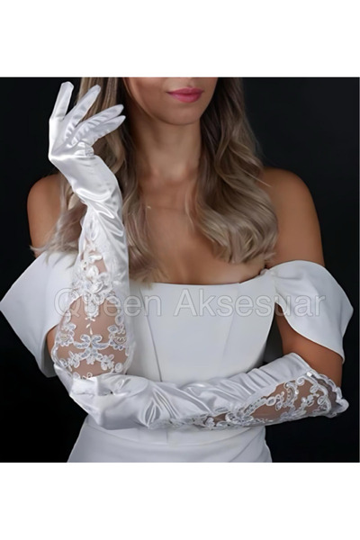 QUEEN AKSESUAR Mănuși de mireasă lungi din dantelă de satin, brodate cu mărge...
