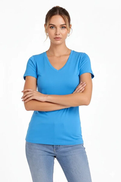 civetta T-Shirt V-Neck Slim Fit Lycra T-Shirt Casual Basic Body - Light Blue