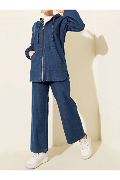 Burcia Hooded Double Pocket Zippered Denim Two-Piece Set