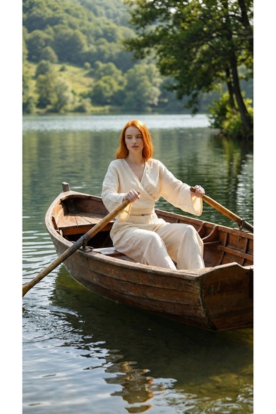 Lorenzella Bohemian Muslin Two-Piece Set Double-Breasted Blouse Wide-Leg Trou...