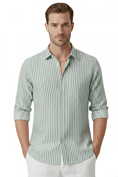 DeepSEA Khaki Slim Fit 100% Cotton Striped Men's Shirt – New Season Summer Sh...