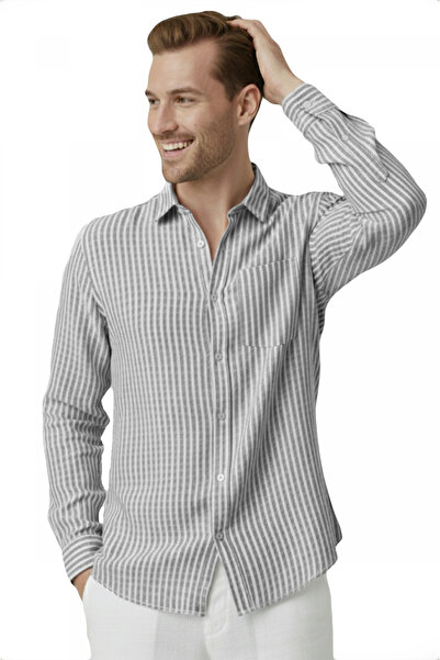 DeepSEA Gray Slim Fit 100% Cotton Striped Men's Shirt – New Season Summer Shi...