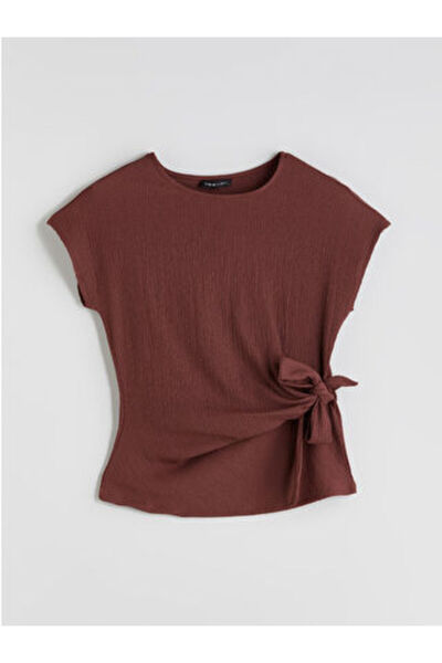 LC Waikiki Maro guler rotund texturat Bluză cu fundă