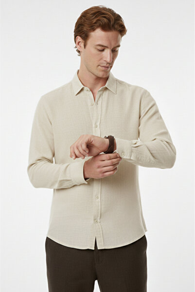 DeepSEA Beige Comfortable Fit 100% Linen Men's Shirt – Fine Textured Summer N...