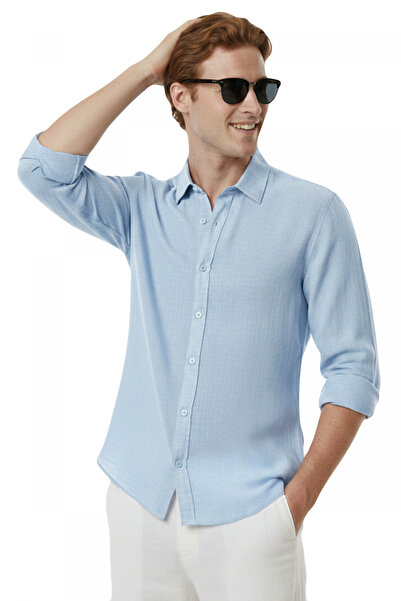 DeepSEA Blue Comfortable Fit 100% Linen Men's Shirt – Fine Textured Summer Ne...