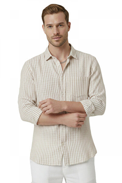 DeepSEA Beige Slim Fit 100% Cotton Striped Men's Shirt – New Season Summer Sh...