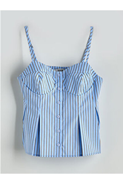 LC Waikiki Bluză albastră cu decolteu tip inimă cu dungi cu pliuri poplin