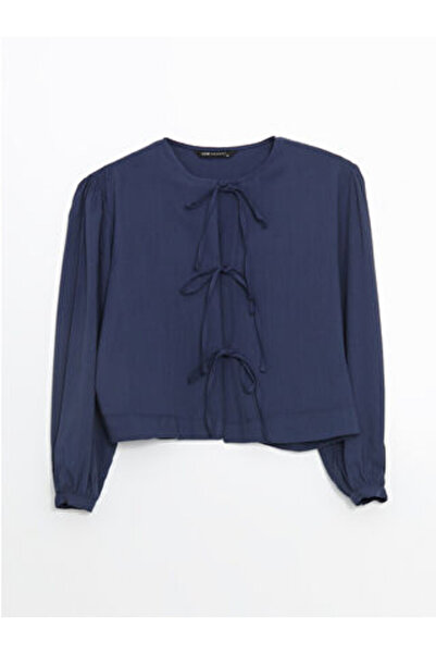 LC Waikiki بلوزة نسائية من MODANOVA SEZON باللون الأزرق الداكن بأربطة Yaka كتان