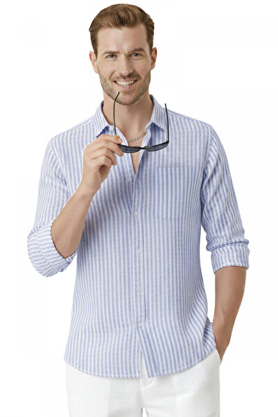 DeepSEA Navy Blue Slim Fit 100% Cotton Striped Men's Shirt - New Season Summe...