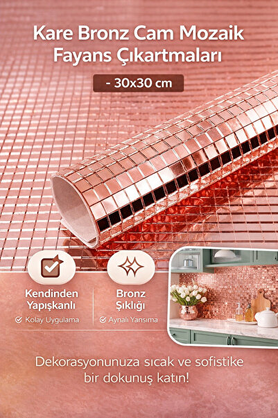 Hane Dostu Kare Bronz Cam Mozaik Fayans Çıkartma 30x30 cm Kendinden Yapışkanl...