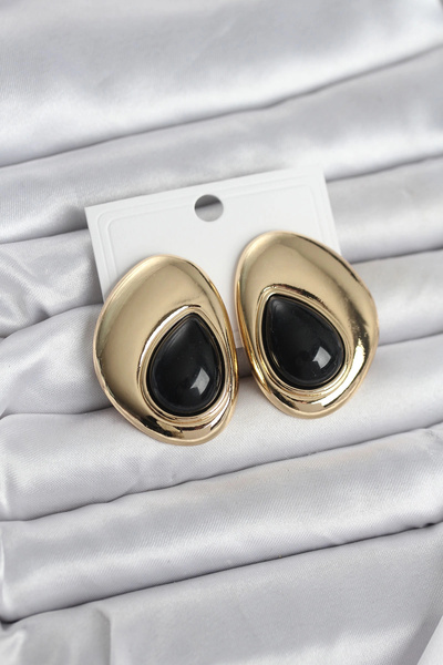 Clariss Brass Gold Color Black Stone Drop Model Vintage Women's Earrings