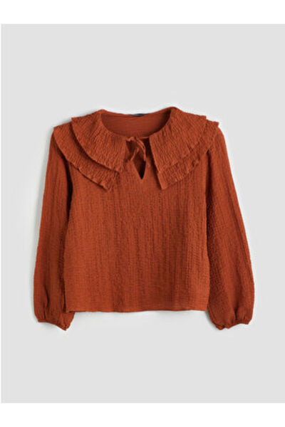 LC Waikiki Modanova Sezon Brown Tie-Detail Collar Textured Blouse