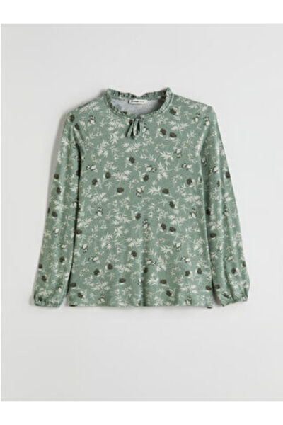 LC Waikiki Modanova Sezon Green Tie-Detail Collar Floral Blouse