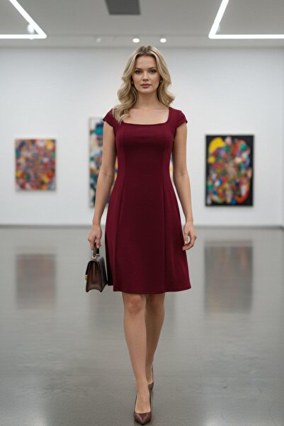 Mossta Square Neck Imported Crepe Dress - Burgundy
