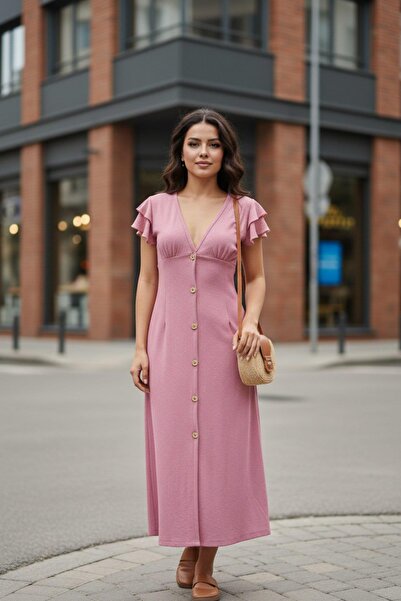 Mossta V-Neck Front Buttoned Wrap Dress - Pink