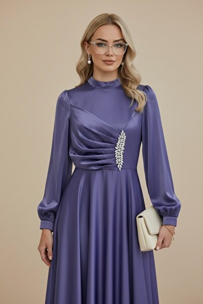 Modamorfo Satin Dress with Draped Front and Stone Detail -Lilac
