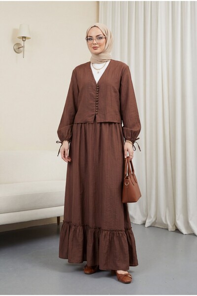 Modamorfo Set din viscoză cu decolteu în V, mâneci, fustă cu nasturi și șiret...