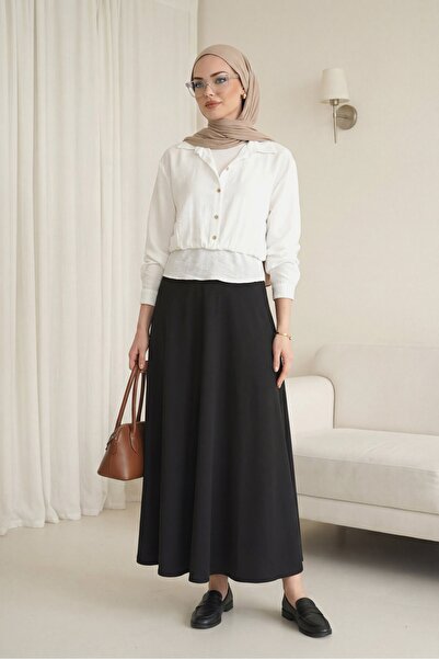 Modamorfo Imported Lycra Crepe Flared Skirt with Elastic Waist - Black