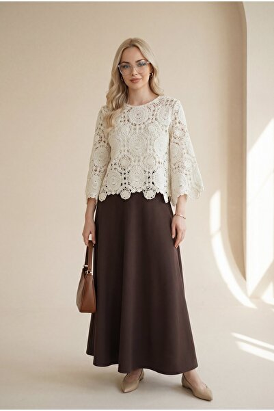 Modamorfo Πλεκτή μπλούζα με στρογγυλή λαιμόκοψη και ισπανικό μανίκι - κρεμ