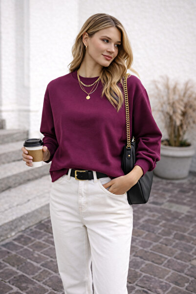 CloudyMood Kadın Oversize Sweatshirt Basic Bisiklet Yaka Uzun Kollu Günlük Ra...