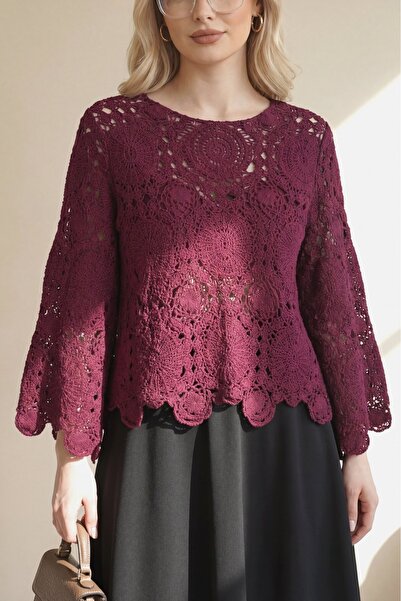 Modamorfo Блузка з круглим коміром, іспанськими рукавами та трикотажем - борд...