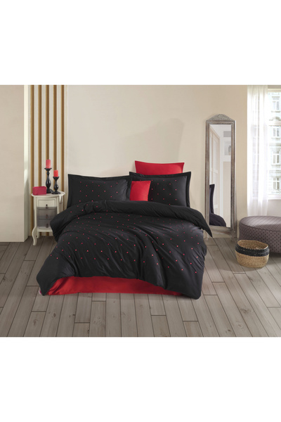 FIONNA.RO Lenjerie De Pat Bumbac 100% Poplin HOBBY - Negru Cu Inimioare Rosii...