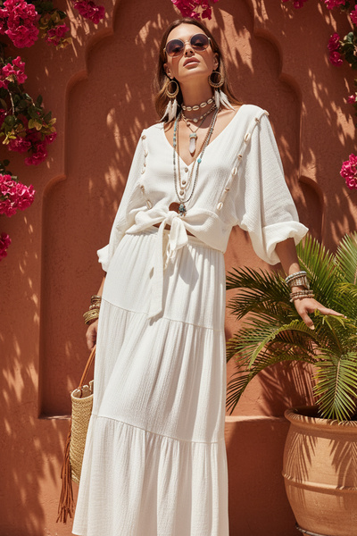 FASHION COCKTAIL Mussel Oyster Seashell V-Neck Tie-Up Crop Above Knee Skirt B...