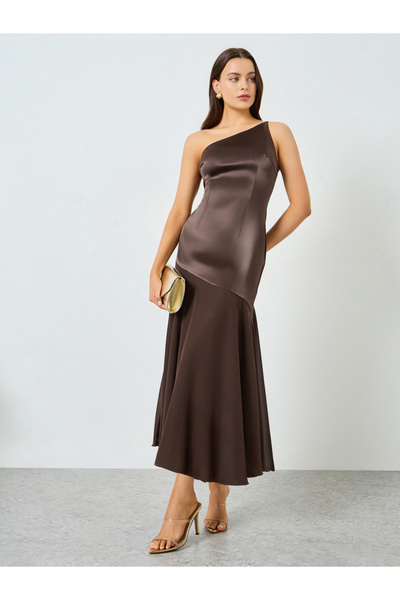 Take Two By Styli Brown Satin One Shoulder Neck Midi Dress