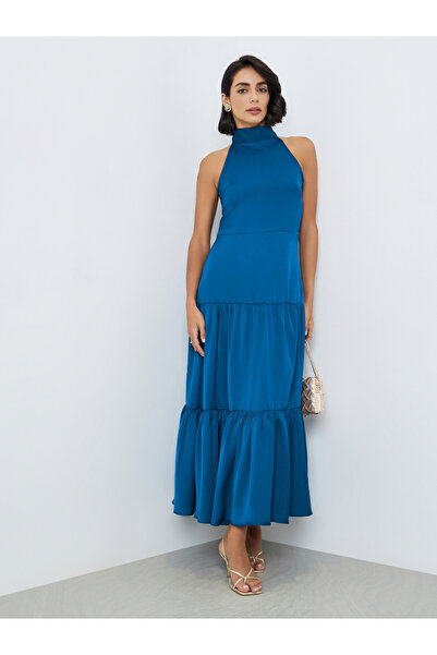 Styli Blue Halter Neck Tiered Maxi Dress
