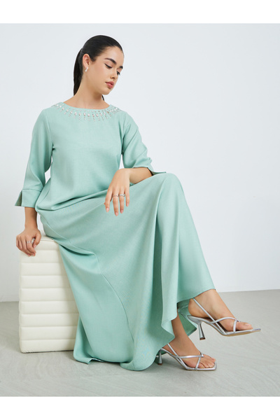 Amirah By Styli Green Embellished Neckline A-Line Jalabiya