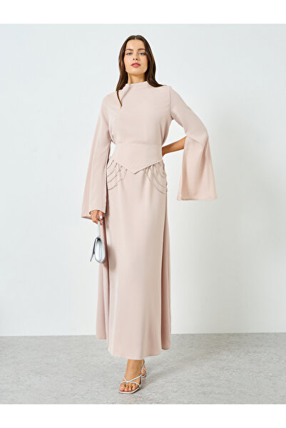 Take Two By Styli Beige V-Shaped Waist Slit Sleeve Maxi Dress