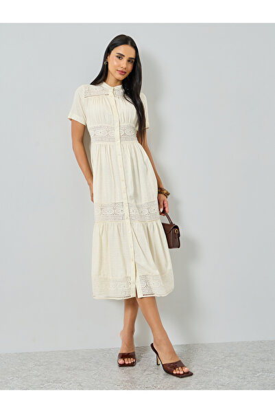 Styli Crem Lace Insert Buttoned Shirt Midi Dress