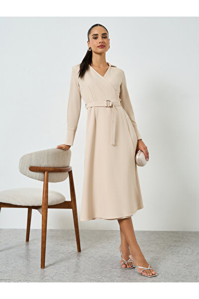 Styli Beige Long Sleeves Wrap Midi Dress