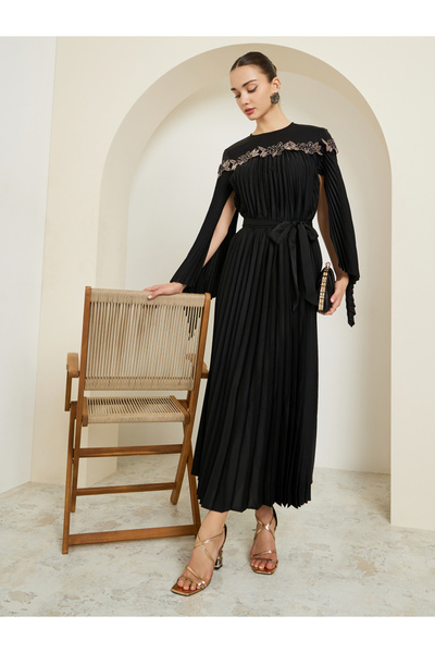 Styli Black Embellished Pleated Cape Sleeve Maxi Dress