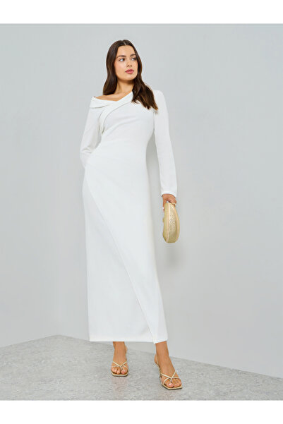 Take Two By Styli WhiteAsymmetric Neck Long Sleeve Maxi Dress