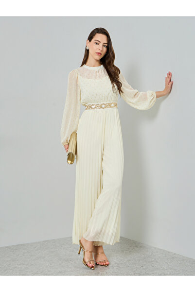 Styli Cream Wide Leg Pleated Jumpsuit with Lurex Detail