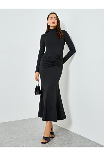 Take Two By Styli Black High Neck Ruched Detail Bodycon Maci Dress