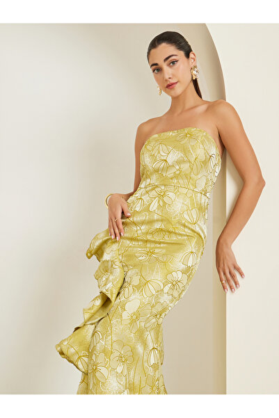 Styli Green Jacquard Sleeveless Ruffled Detail Maxi Dress