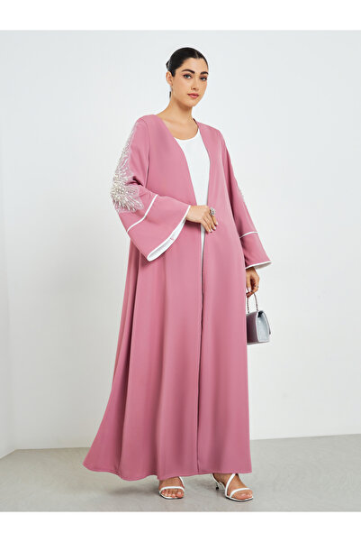 Amirah By Styli Light Pink Embroidered Sleeve A-Line Abaya