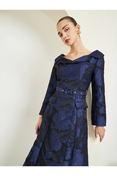 Styli Navy Blue Jacquard Off-Shoulder Midi Dress