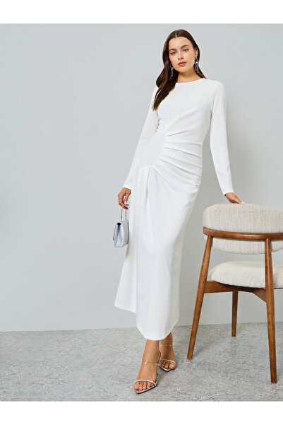 Take Two By Styli White Pleated Detail Long Sleeve Maxi Dress