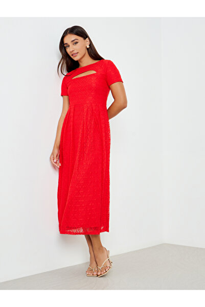 Styli Red Lace Overlay Cut-Out Midi Dress