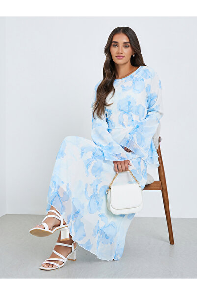 Styli Women Blue Floral Print Flared-Sleeve Chiffon Midi Dress