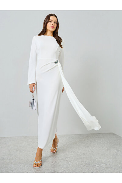 Take Two By Styli WhiteRuffled Detail Long Sleeve Maxi Dress