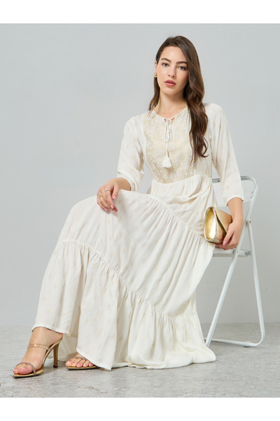 Styli Women Cream Foil Print A-Line Maxi Dress