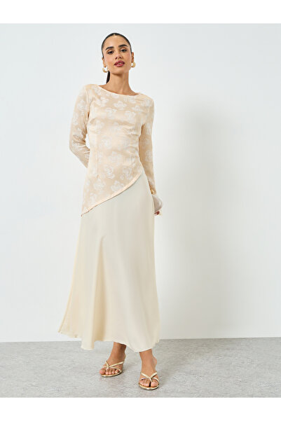 Styli Beige Floral Long Sleeves A-Line Maxi Dress
