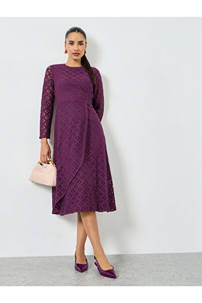 Styli فستان ميدي طويل الأكمام بقصة A-قَصّة على شكل A من دانتيل الأرجواني