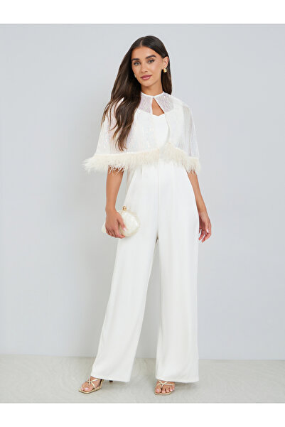 Styli WhiteWide Leg Jumpsuit with Sequined Cape