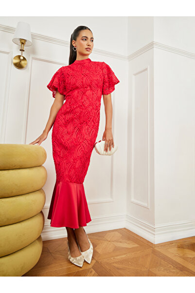 Styli Red Lace Short Sleeve Mermaid Hem Midi Dress