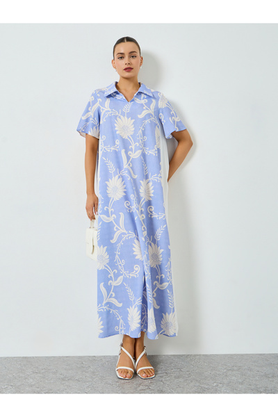 Take Two By Styli Blue Floral Print Short Sleeve Jalabiya